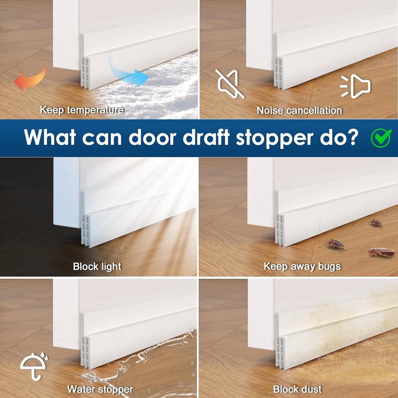 Hojoy 2 Pack Under Door Draft Stopper  Adjustable Door Sweep Anti-Collision Strong Adhesive Weather Stripping Tape Soundproof Draught Stoppers 2"" W x 39"" L  White - Image 3